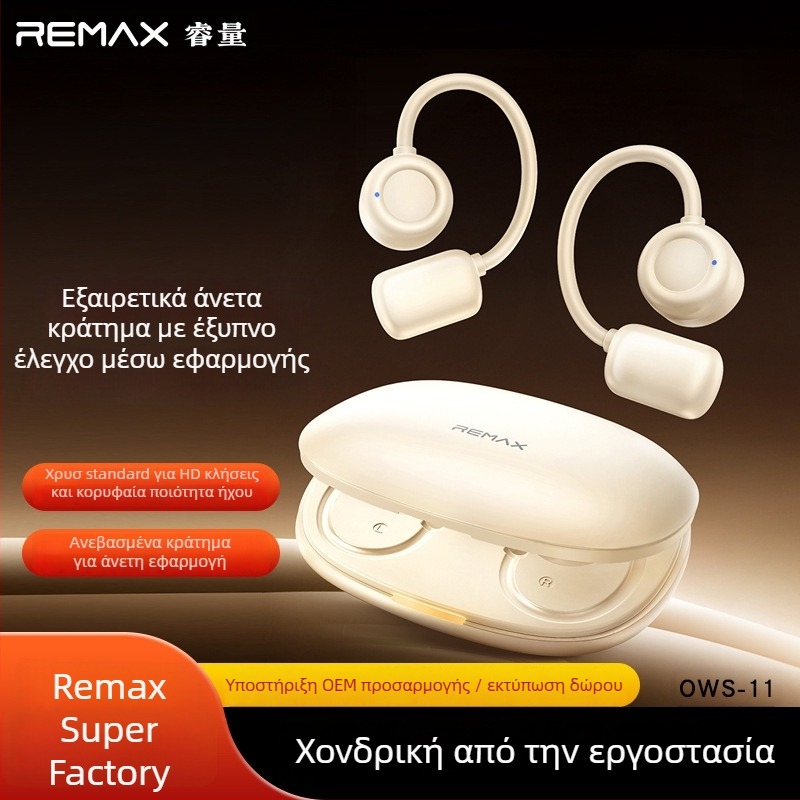 Remax OWS ανοικτού τύπου ακουστικά με έλεγχο μέσω εφαρμογής, πραγματικά ασύρματα, Bluetooth 6.0, εμβέλεια 10 μ, αυτονομία 4–8 ωρών, στερεοφωνικός ήχος, σχεδιασμός με κράτημα στο αυτί