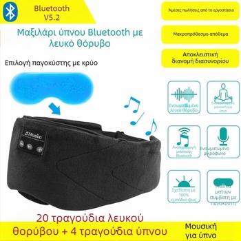 Μάσκα ύπνου Bluetooth με μουσική — ενσωματωμένος 24 λευκοί θόρυβοι, 35 ώρες αναπαραγωγής, Bluetooth 5.2, εμβέλεια 20 m, κεφαλοστηριζόμενη, πολυεστέρας