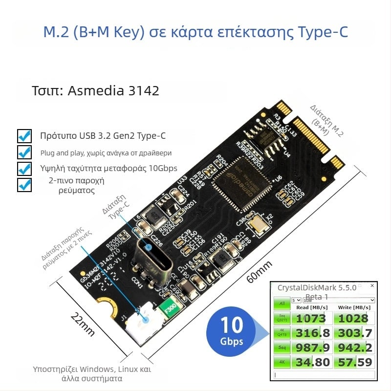 Κάρτα επέκτασης M.2 προς USB-C με ASMedia 3142, 10Gbps USB 3.2 Gen2 μετατροπέας