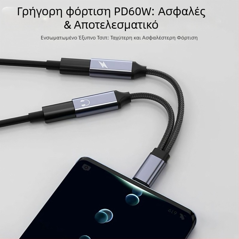 Αντάπτορας Type-C σε διπλό Type-C με OTG και ήχο, PD60W γρήγορη φόρτιση, μεταφορά 480 Mbps