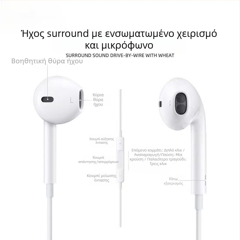 In-ear ενσύρματα ακουστικά, 1,2 m καλώδιο, συμβατά με iOS, plug‑and‑play