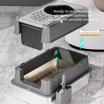 Πλήρως κλειστή γατότουαλέτα με επάνω είσοδο και καπάκι που γυρίζει, μεταλλο-πλαστική κατασκευή, αντιπιτσιλιστικό σχέδιο