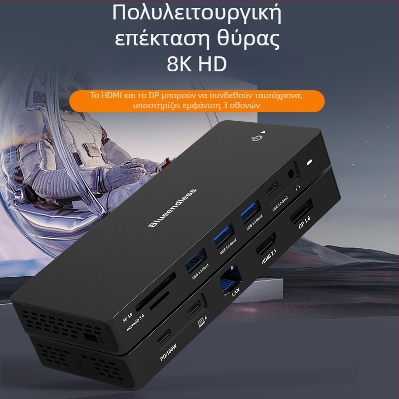 Type-C σταθμός σύνδεσης με διπλό DP και HDMI, πολλαπλών οθονών 4K60Hz, ταχύτητα 10Gbps, USB 3.1, καλώδιο 1 m