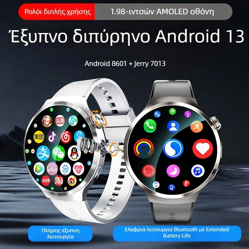 Έξυπνο ρολόι με διπλή κάμερα, AMOLED οθόνη, Android 13, 5G κινητή έκδοση, θύρα SIM, κυκλικό καντράν 44 mm