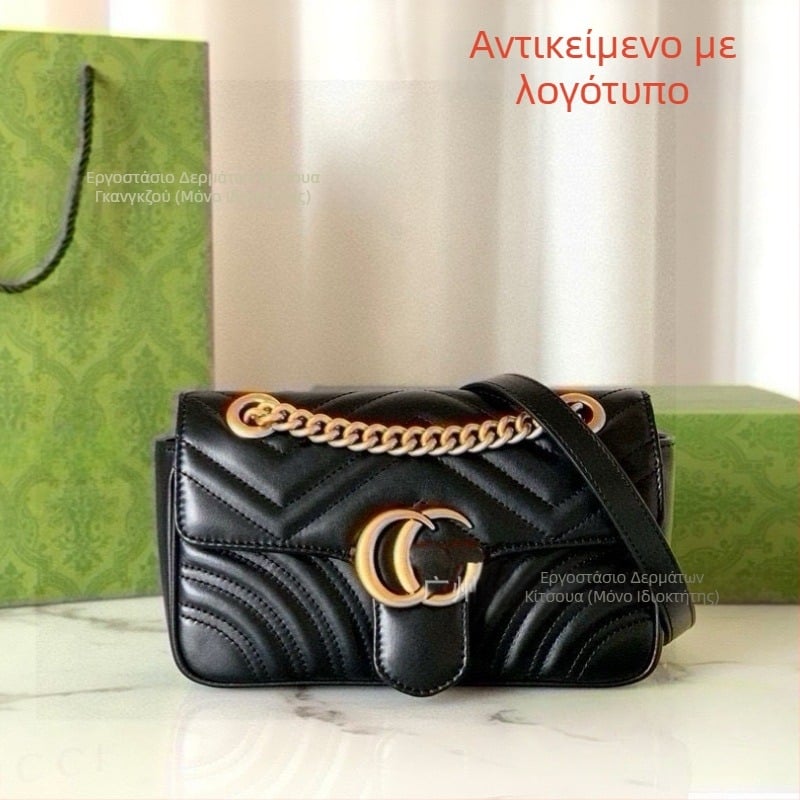 Γυναικεία δερμάτινη τσάντα ώμου με αλυσίδα Marmont, οριζόντιο τετράγωνο σχήμα, κλείσιμο με καπάκι, εσωτερική θήκη για κινητό