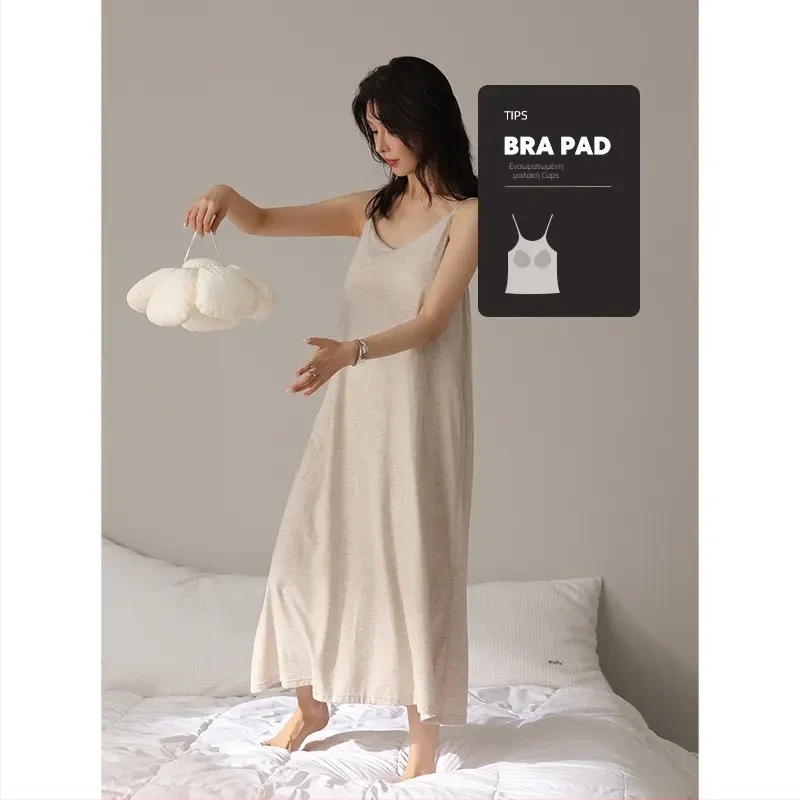 Βαμβακερό νυχτερινό νυχτικό με τιράντες, V-λαιμό, χωρίς μανίκια, μεσαίου μήκους φούστα, 100% βαμβάκι