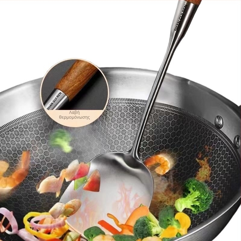 Σετ μαγειρικής από ανοξείδωτο ατσάλι 316 με υψηλή αντίσταση στις θερμοκρασίες και θερμική μόνωση στη λαβή, περιλαμβάνει σπάτουλα, κουτάλι και σουρωτήρι