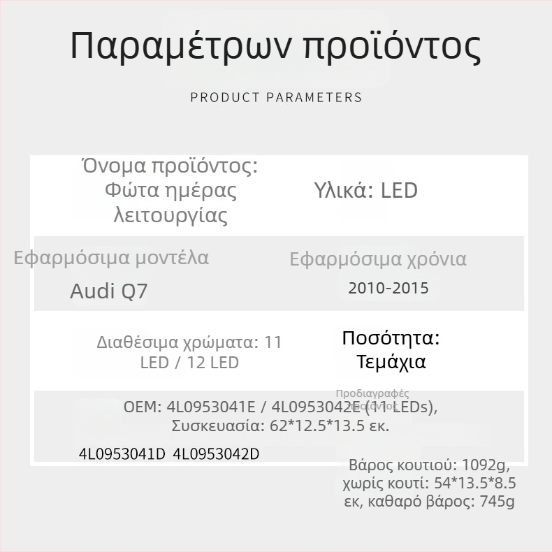 LED φώτα ημέρας για Audi Q7 (10-15 χρόνια), υλικό PC+LED, Μοντέλα 4L0953042e/4L0953041e, Αριθμοί εξαρτημάτων 4L0953041d/4L0953042d