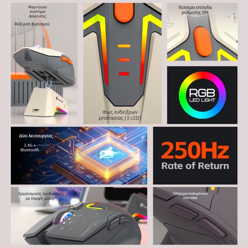 Ασύρματο ποντίκι Bluetooth διπλής λειτουργίας με RGB φωτισμό, 1600 DPI, 7 πλήκτρα, USB διεπαφή, 2.4G+Bluetooth, ενσωματωμένη επαναφορτιζόμενη μπαταρία και βάση φόρτισης