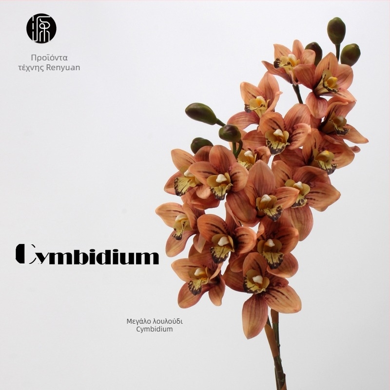 Διάταξη από μεταξωτή ορχιδέα Cymbidium - 8 κεφάλια και 3 μπουμπούκια, αίσθηση ενυδάτωσης, συσκευασία από χαρτόνι