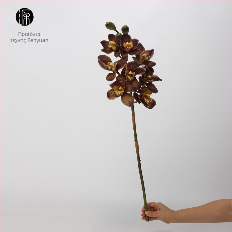 Διάταξη από μεταξωτή ορχιδέα Cymbidium - 8 κεφάλια και 3 μπουμπούκια, αίσθηση ενυδάτωσης, συσκευασία από χαρτόνι