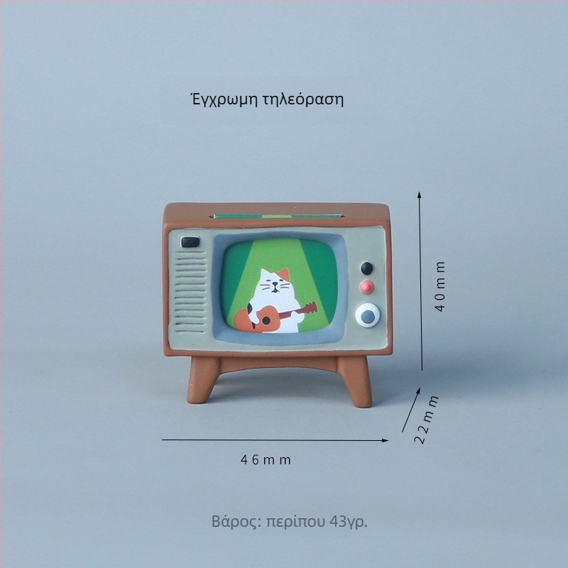 Ιαπωνικού στυλ zakka – γάτα με τηλεόραση, μίνι σκηνικό διακοσμητικό από ρητίνη