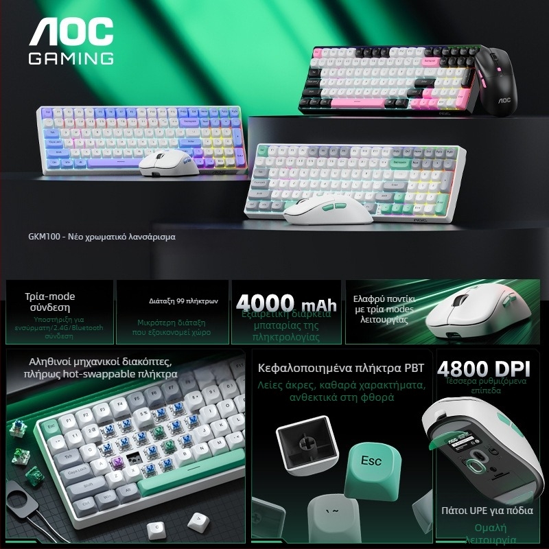 AOC GKM100 Ασύρματο σετ μηχανικού πληκτρολογίου και ποντικιού τριών λειτουργιών — 2.4G ασύρματο, Bluetooth, Hot-Swappable, 1600 DPI