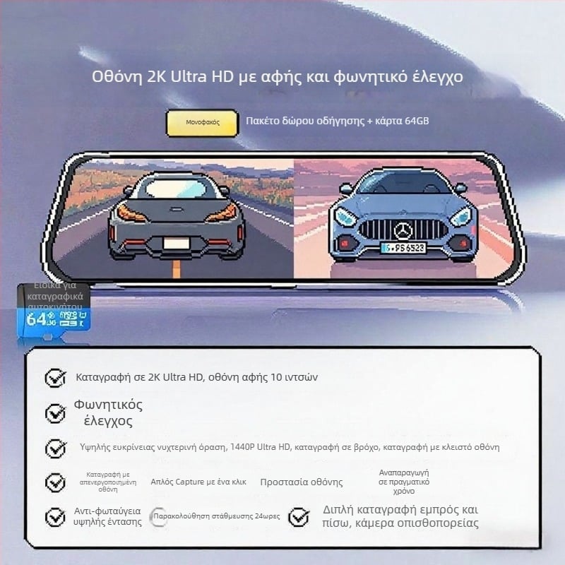 Κάμερα αυτοκινήτου με εμπρός και πίσω διπλό φακό, 2160p, 5MP, 256GB, Wi-Fi
