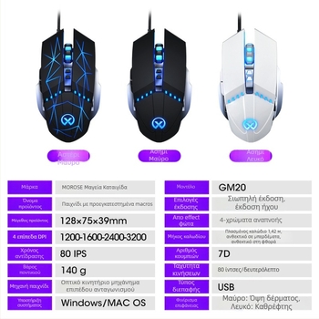 GM20 ενσύρματο οπτικό ποντίκι παιχνιδιών, 6 κουμπιά, 1600 DPI, USB, 6 επίπεδα ρύθμισης DPI