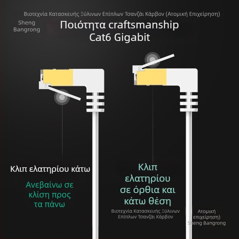 Καλώδιο Ethernet Cat6 επίπεδο με γωνία 90°, χαλκού αγωγοί, ταχύτητα Gigabit