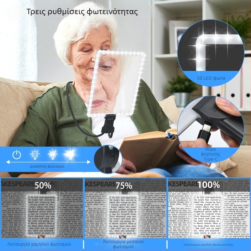 Αυχενικός φωτιζόμενος μεγεθυντικός φακός με μεγάλη HD φακό για ανάγνωση βιβλίων και εφημερίδων, φωτεινό απαλό φως Vrplayers Vr05