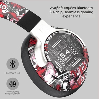 Ασύρματα ακουστικά πάνω από τα αυτιά με LED graffiti φωτισμό και seamless 3D καλύμματα αυτιών - ιδιωτικό μοντέλο, Bluetooth 5.4, εμβέλεια 10 m, >8h μπαταρία, 350 mAh