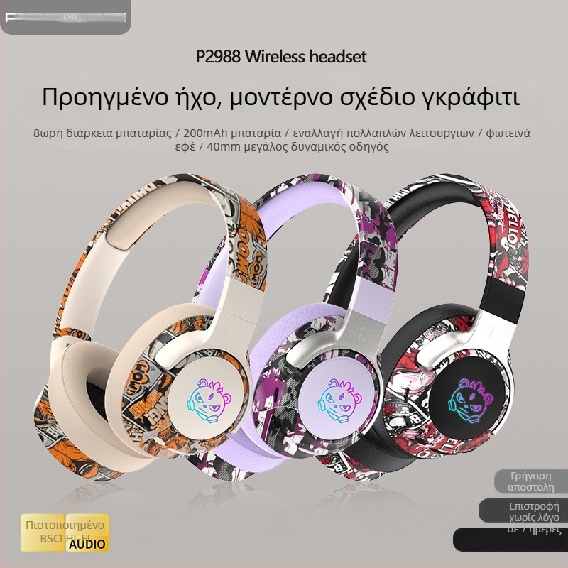 Ασύρματα ακουστικά πάνω από τα αυτιά με LED graffiti φωτισμό και seamless 3D καλύμματα αυτιών - ιδιωτικό μοντέλο, Bluetooth 5.4, εμβέλεια 10 m, >8h μπαταρία, 350 mAh