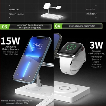 7-σε-1 βάση ασύρματης φόρτισης για επιτραπέζιο ρολόγι με νυχτερινό φως, μαγνητικός φορτιστής Qi, γρήγορη φόρτιση 15W/35W