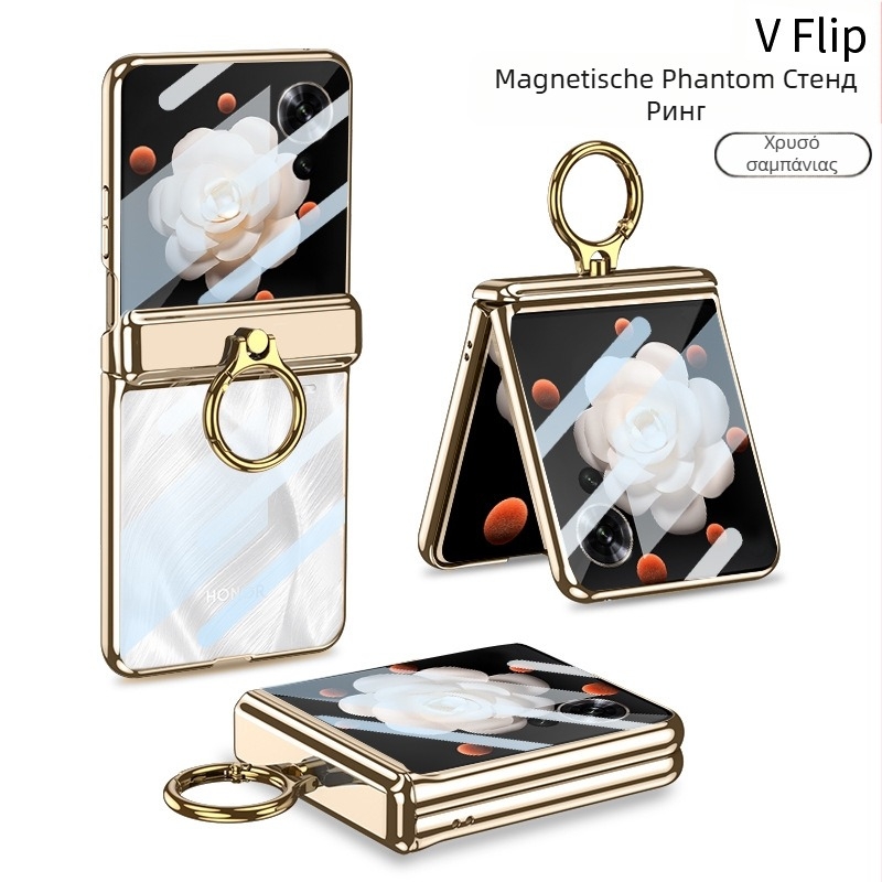 Θήκη για Honor Magic V Flip με προστασία από πτώσεις, ηλεκτροπλατιωμένο φαντασματικό δακτυλίδι, μαγνητικός αναδιπλούμενος μεντεσές, κατασκευή από πολυκαρβονικό υλικό