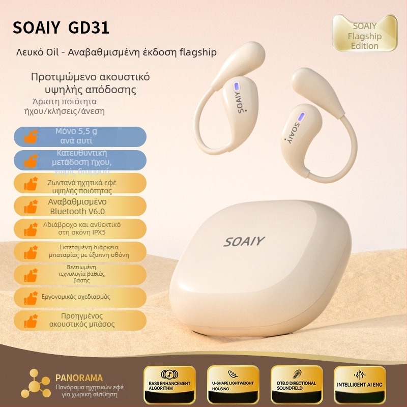 Soaiy GD31 Ασύρματο ακουστικό με οστική αγωγιμότητα, ανοιχτός σχεδιασμός για το αυτί, Bluetooth, στερεοφωνικός ήχος στα δύο αυτιά, έως 4 ώρες αυτονομία μπαταρίας