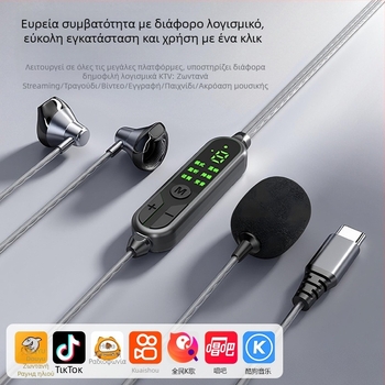 Ενσύρματα ακουστικά με βύσμα Type-C, οδηγοί 14,2 mm, εύρος συχνοτήτων 20 Hz–20 kHz, ενσωματωμένο μικρόφωνο, παρακολούθηση ήχου στο αυτί με τηλεχειριστήριο