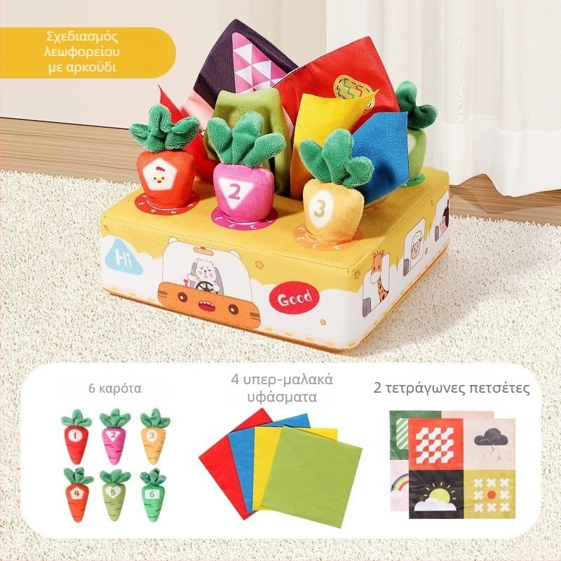 Παιχνίδι μωρού σε μορφή καβουριού, υφασμάτινο, με σχοινάκι τράβηγμα, μουσική, κουδουνάκι, μασητικό και καμπάνες ανέμου, με σχοινάκι τράβηγμα, για μωρά 0–3 ετών