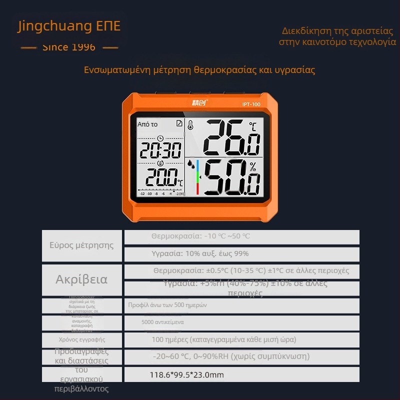 IPT-100 Βιομηχανικός Μετρητής Θερμοκρασίας και Υγρασίας με Υψηλή Ακρίβεια, Bluetooth Απομακρυσμένος Έλεγχος, Λειτουργεί με Μπαταρία AAA, Κατάλληλος για Βιομηχανικές Αποθήκες και Εργαστήρια