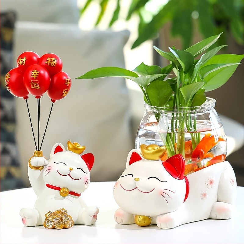 Lucky Cat υδροπονικό βάζο – ρητίνη, μοντέρνος μινιμαλιστικός σχεδιασμός, διακόσμηση γραφείου ή τραπεζιού, μικροτοπίο