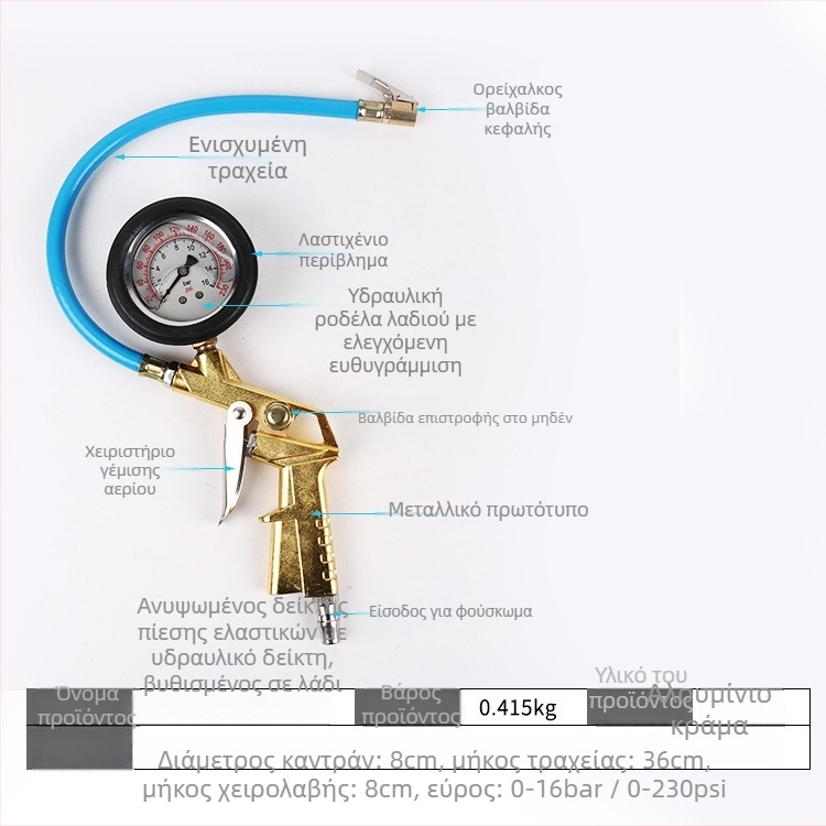 Μανόμετρο πίεσης ελαστικών με πιστόλι φουσκώματος, υψηλής ακρίβειας από κράμα ψευδάργύρου, ακρίβεια 0,3 bar, ανάγνωση σε bar