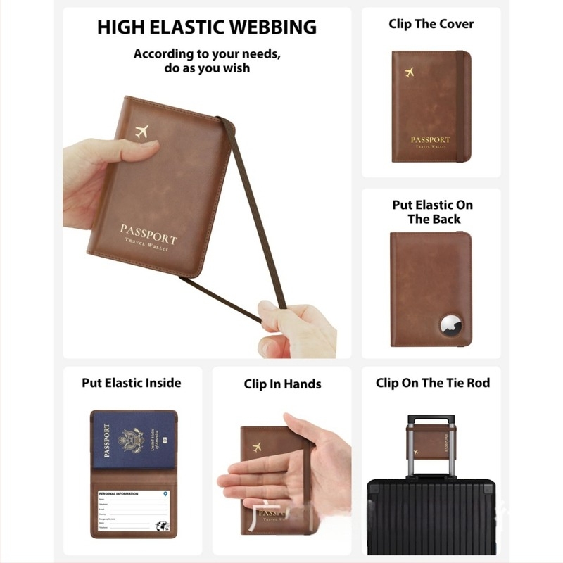 Αδιάβροχη PU δερμάτινη θήκη διαβατηρίου με AirTag - 2-σε-1 θήκη, ελαστική ζώνη, θήκη για διαβατήριο και ταυτότητα