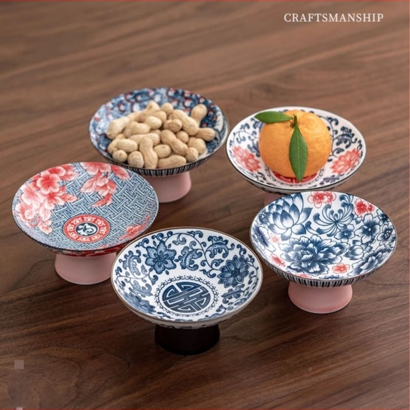 Πορσελάνινο πιάτο φρούτων, κινεζικού στυλ, με υψηλή βάση, διακόσμηση υπό γλάσο, Zhuo Zhong