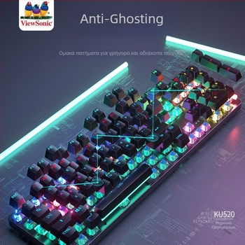 ViewSonic KU520 Πληκτρολόγιο παιχνιδιών με 104 πλήκτρα, ενσύρματο, μηχανικοί διακόπτες, RGB φωτισμός, αδιάβροχο