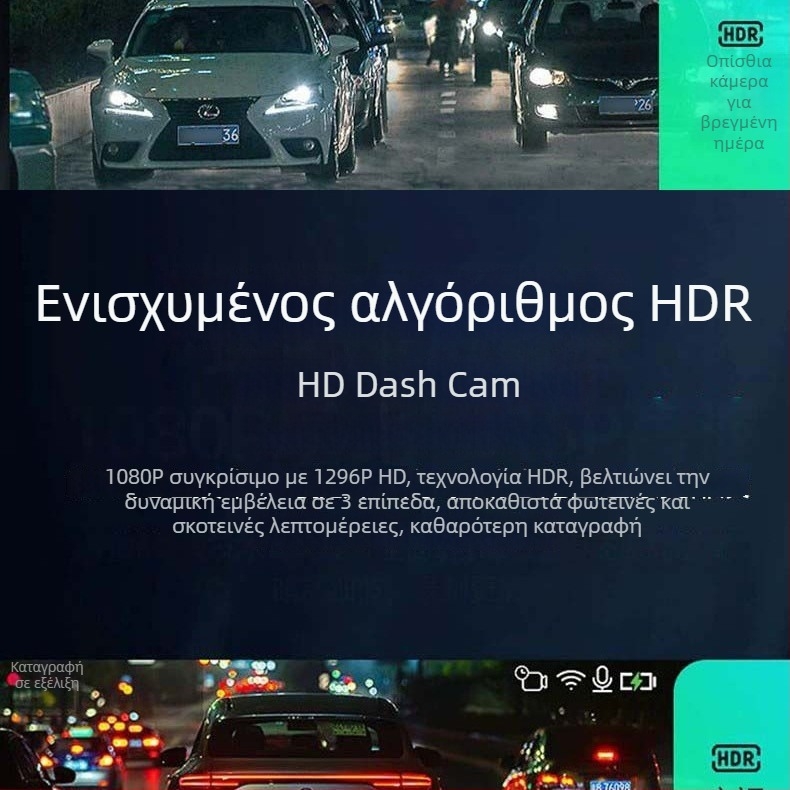 Κάμερα οδήγησης με διπλό φακό εμπρός-πίσω ενσωματωμένη σε καθρέφτη οπισθοπορείας, HD 720p, 120° ευρυγώνιος, οθόνη αφής, συνεχής εγγραφή