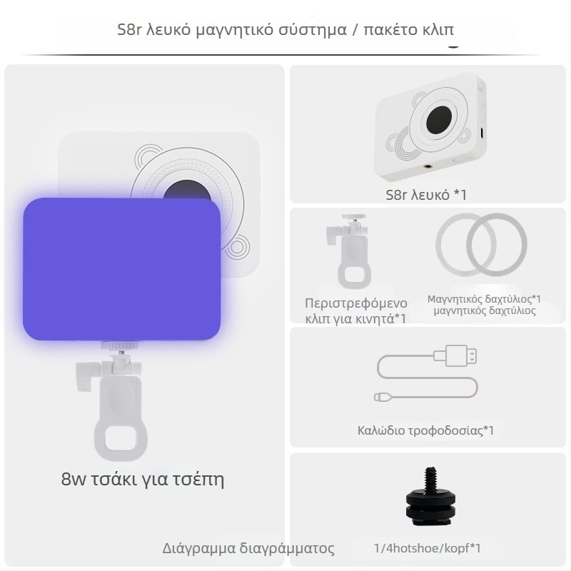 LED RGB για κινητό με μαγνητικό κλιπ, 8W, 5V/9V, ρυθμιζόμενη θερμοκρασία χρώματος 2500K-9900K