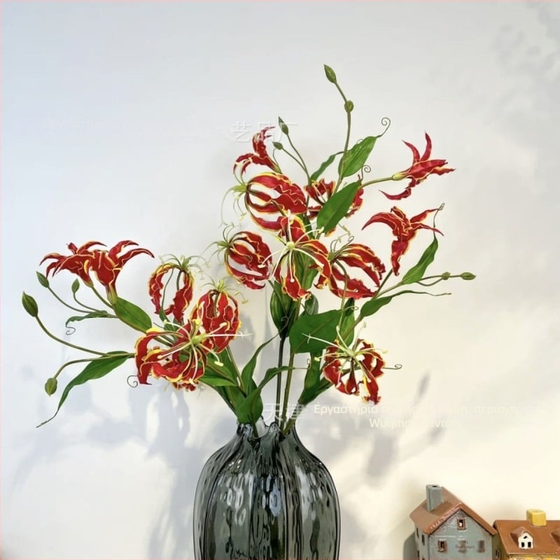 Jinchuan τεχνητό φλογερό κρίνο JiaLan, μεταξωτό, 3 κεφάλια, ανάγλυφο και έγχυση-χύτευση, κατάλληλο για γάμους και διακόσμηση σπιτιού