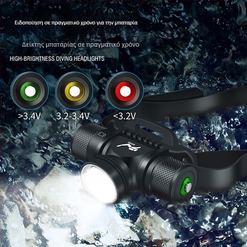 Φακός κεφαλής κατάδυσης με LED 10W, μπαταρίες 18650/21700, αδιάβροχος, εμβέλεια 100–200 m, χειροκίνητη τροφοδοσία