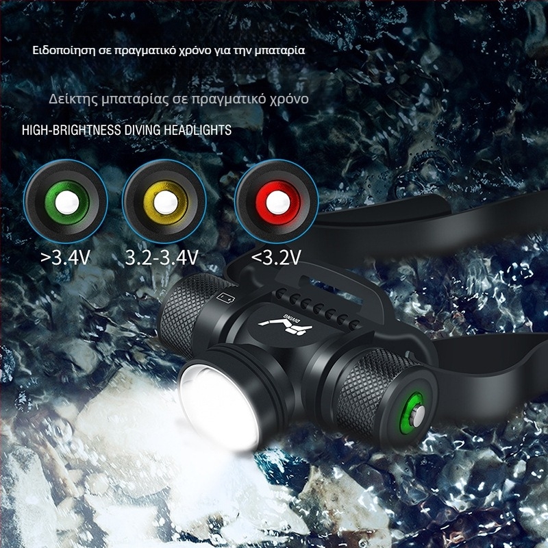 Φακός κεφαλής κατάδυσης με LED 10W, μπαταρίες 18650/21700, αδιάβροχος, εμβέλεια 100–200 m, χειροκίνητη τροφοδοσία