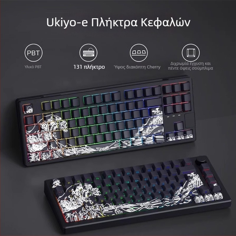 Σετ keycap για μηχανικό πληκτρολόγιο — πλευρική χαρακτική σε σχέδιο Ukiyo-e, υλικό PBT, συμβατότητα 87/98/108 πλήκτρων