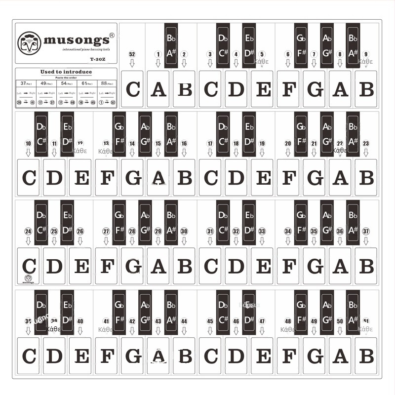 Ετικέτα πλήκτρων πιάνου, μοντέλο T-30Z, PVC διαφανές, πλήκτρα χωρίς κόλλα, συμβατή με 88 πλήκτρων