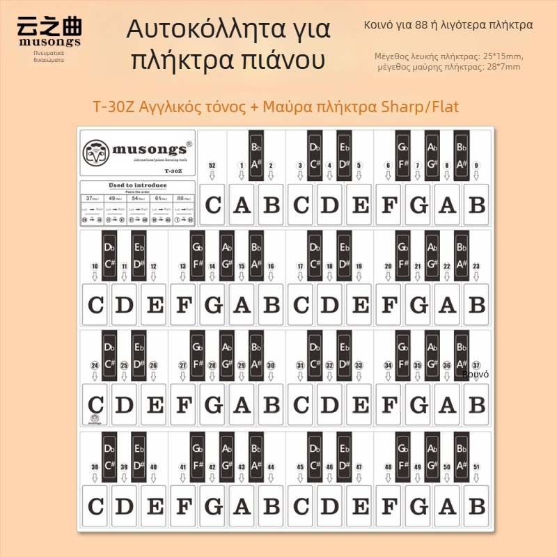 Ετικέτα πλήκτρων πιάνου, μοντέλο T-30Z, PVC διαφανές, πλήκτρα χωρίς κόλλα, συμβατή με 88 πλήκτρων
