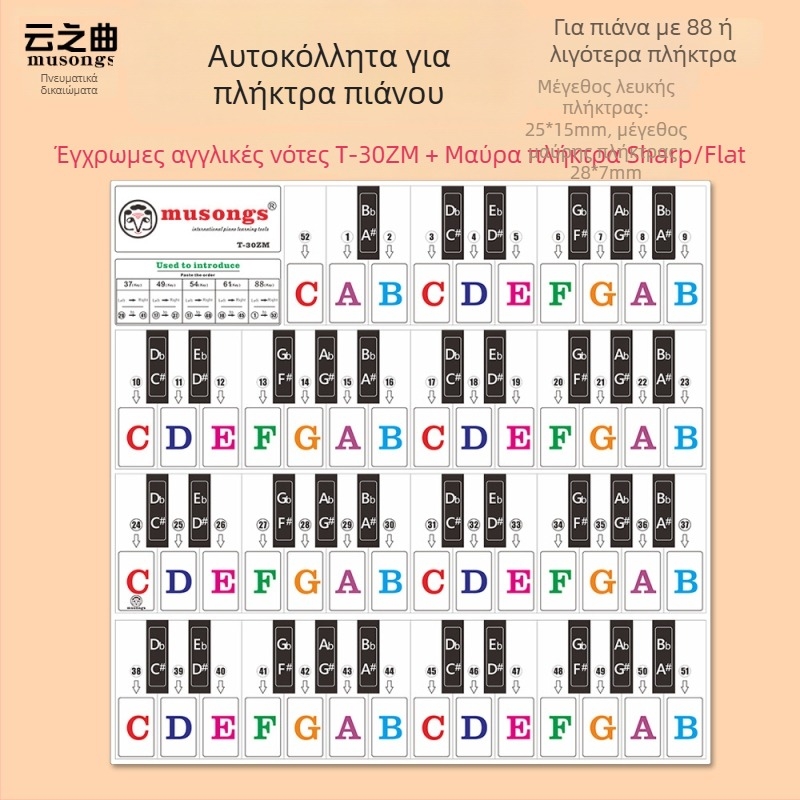 Ετικέτα πλήκτρων πιάνου, μοντέλο T-30Z, PVC διαφανές, πλήκτρα χωρίς κόλλα, συμβατή με 88 πλήκτρων