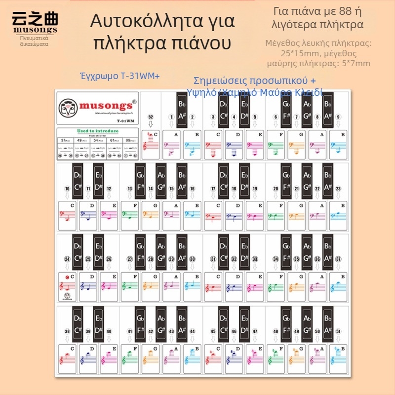 Ετικέτα πλήκτρων πιάνου, μοντέλο T-30Z, PVC διαφανές, πλήκτρα χωρίς κόλλα, συμβατή με 88 πλήκτρων
