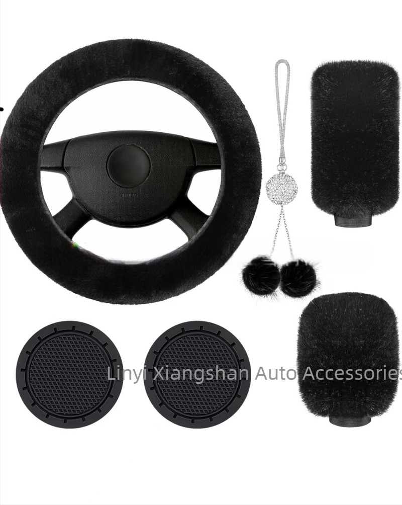 Σετ βελούδινα καλύμματα τιμονιού αυτοκινήτου, 6 τεμάχια, περιλαμβάνει κάλυμμα επιλογέα ταχυτήτων, κάλυμμα φρένου χειρός, σουβέρ ποτήριου και κρεμαστό