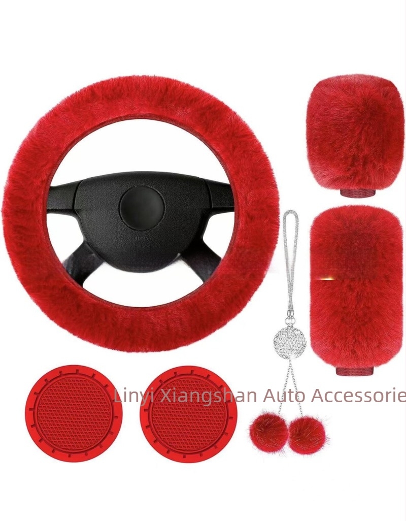 Σετ βελούδινα καλύμματα τιμονιού αυτοκινήτου, 6 τεμάχια, περιλαμβάνει κάλυμμα επιλογέα ταχυτήτων, κάλυμμα φρένου χειρός, σουβέρ ποτήριου και κρεμαστό