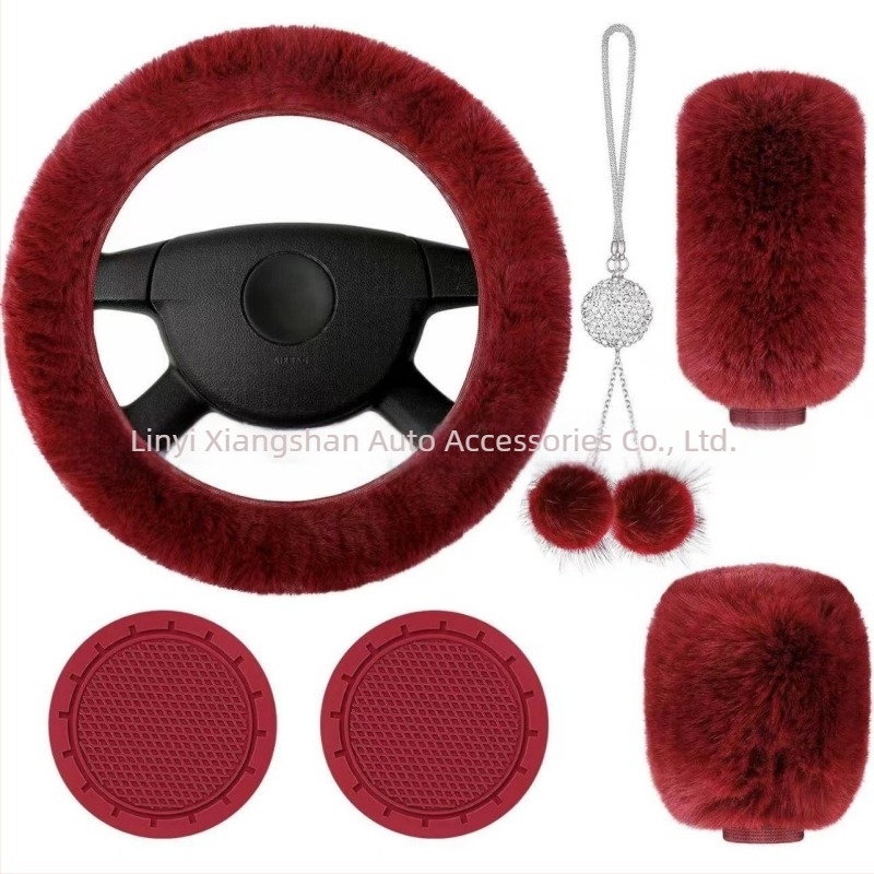 Σετ βελούδινα καλύμματα τιμονιού αυτοκινήτου, 6 τεμάχια, περιλαμβάνει κάλυμμα επιλογέα ταχυτήτων, κάλυμμα φρένου χειρός, σουβέρ ποτήριου και κρεμαστό