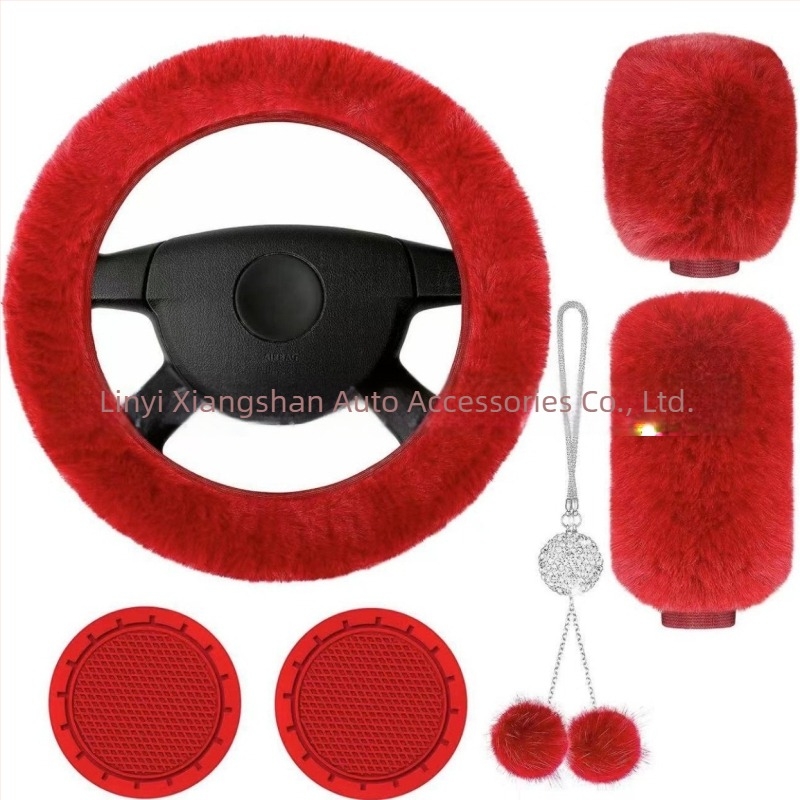 Σετ βελούδινα καλύμματα τιμονιού αυτοκινήτου, 6 τεμάχια, περιλαμβάνει κάλυμμα επιλογέα ταχυτήτων, κάλυμμα φρένου χειρός, σουβέρ ποτήριου και κρεμαστό