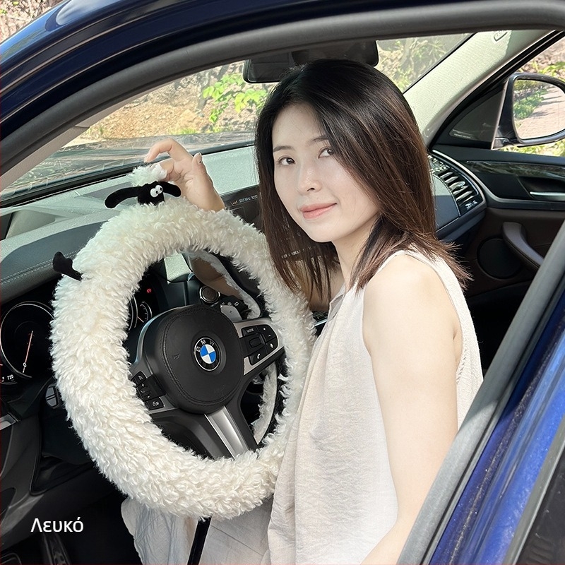 Σετ επενδύσεων ώμων από μαλλί, κάλυμμα τιμονιού και μαξιλάρι κεφαλής για αυτοκίνητα — γλυκό στυλ, υλικό από τεχνητό plush, γενική εγκατάσταση, κατάλληλο για όλες τις εποχές