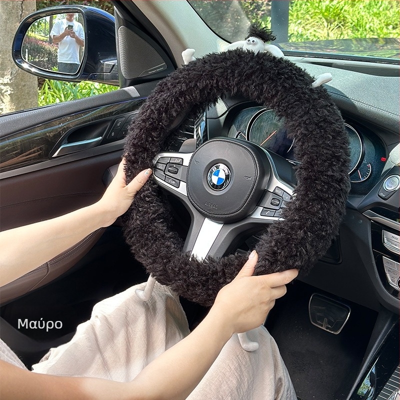Σετ επενδύσεων ώμων από μαλλί, κάλυμμα τιμονιού και μαξιλάρι κεφαλής για αυτοκίνητα — γλυκό στυλ, υλικό από τεχνητό plush, γενική εγκατάσταση, κατάλληλο για όλες τις εποχές